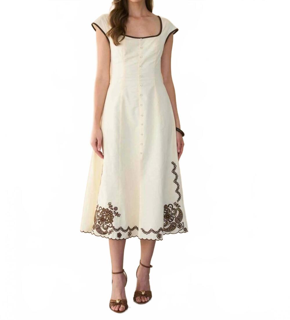 NEW MOON RIVER embroidery detail button down midi dress in cream multi
